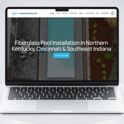Summerside Pools Inc Portfolio PC Laptop displaying a pool installation website with text about fiberglass pool services in Kentucky, Cincinnati, and Indiana.