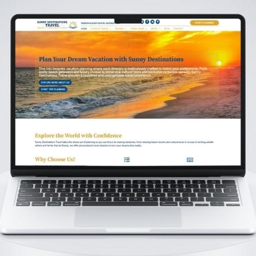 Sunny Destinations Travel Portfolio PC A laptop displays a travel website with a beach sunset and vacation planning information on the screen.
