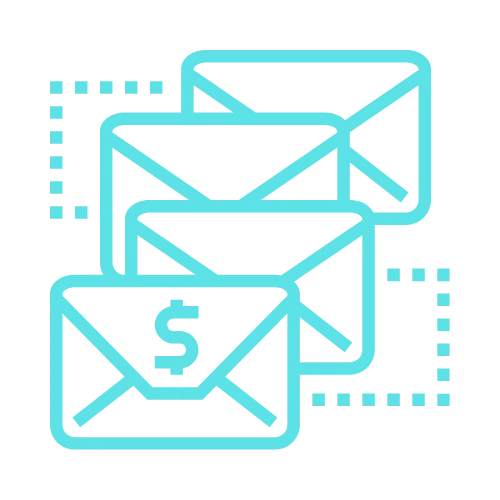 Four outlined envelopes, one with a dollar sign, symbolizing financial emails in digital marketing or website contexts.
