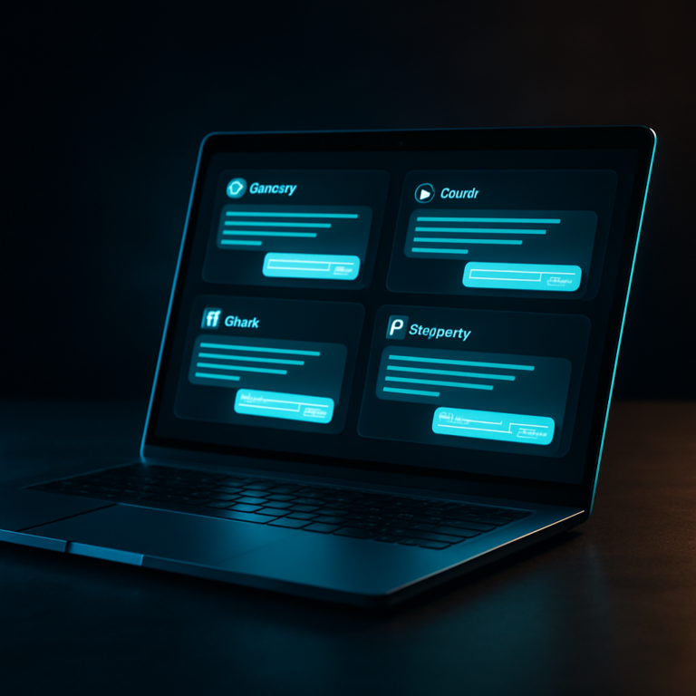 AI search visibility: laptop showing a dashboard with four panels tracking a business across AI platforms