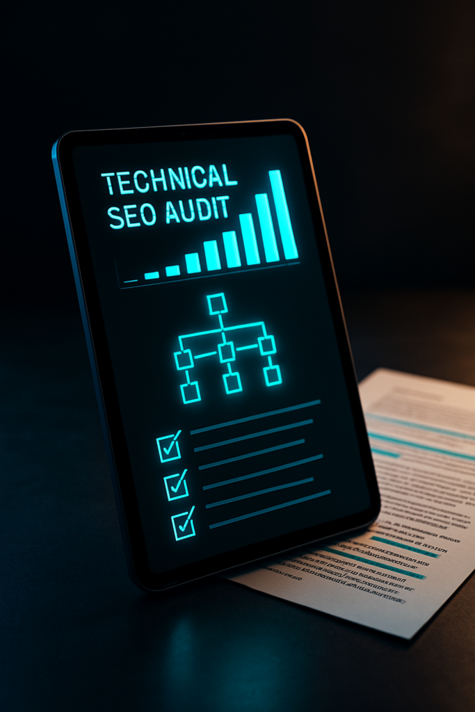 Technical SEO audit report on a tablet with a bar chart, a flowchart and checklists