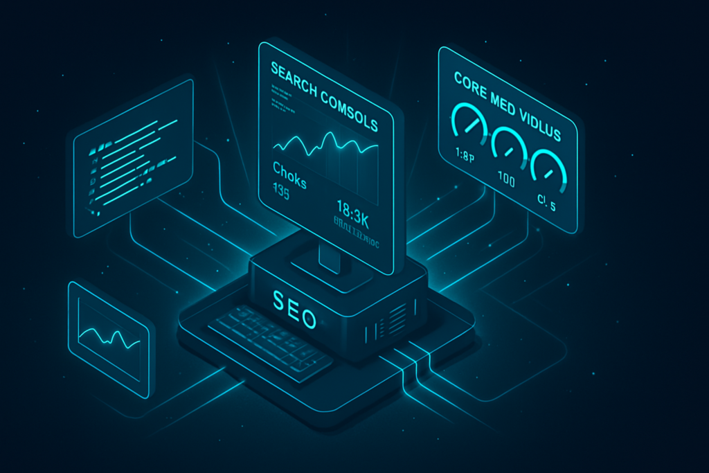 Technical SEO Services AI Search Dashboard - Ambition Business Solutions Technical SEO dashboard with charts and search metrics around a central computer