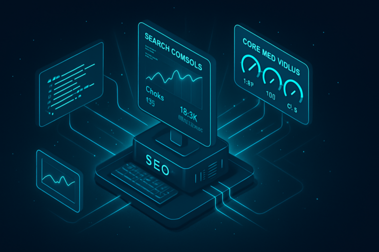 Technical SEO dashboard with charts and search metrics around a central computer