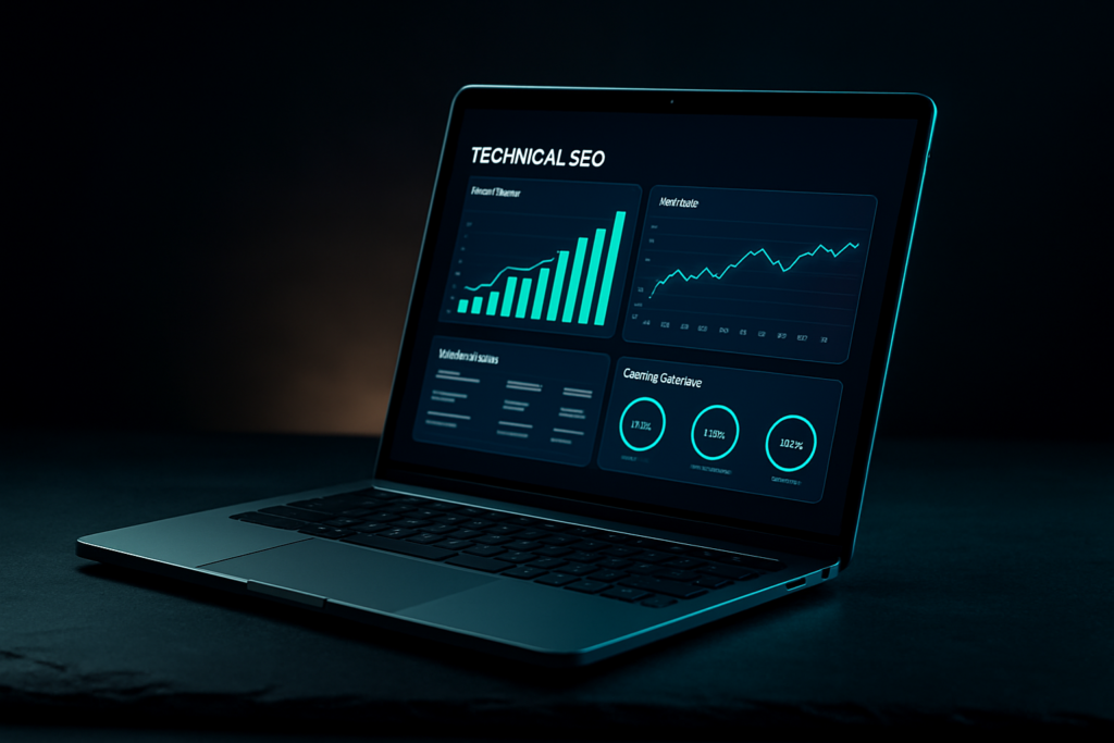 Technical SEO dashboard on a laptop with traffic charts and site health gauges