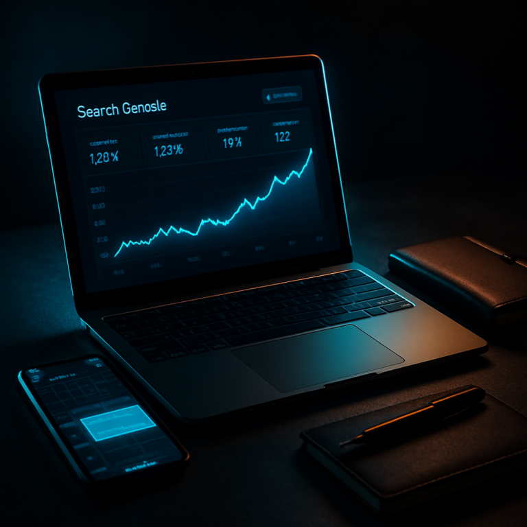 SEO strategy call: laptop showing an upward-trending performance chart beside a phone and a notebook