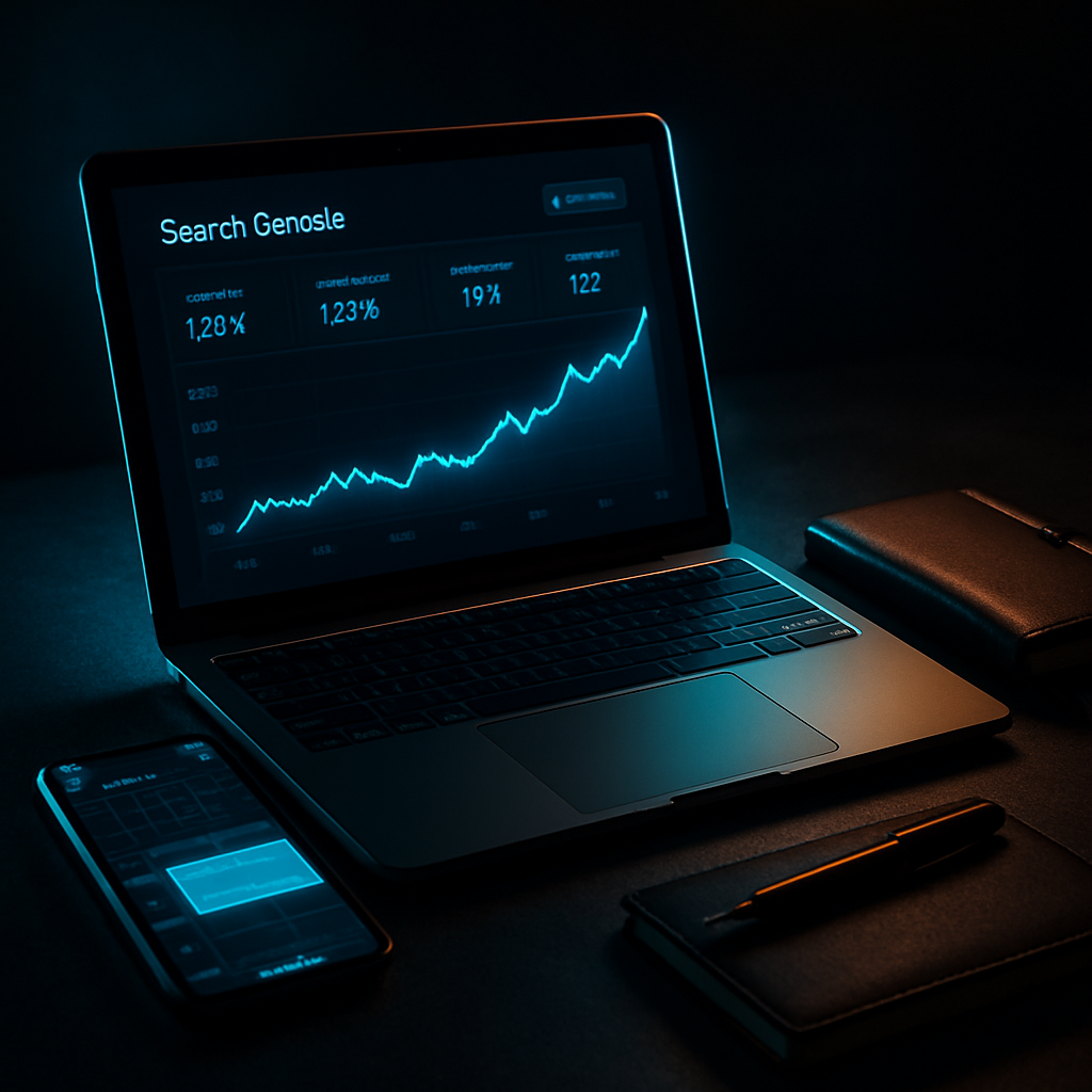 technical-seo-strategy-call-dashboard-cinematic-square - Ambition Business Solutions SEO strategy call: laptop showing an upward-trending performance chart beside a phone and a notebook