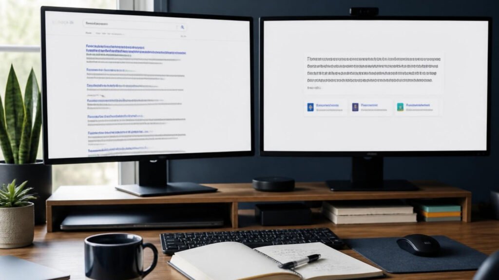 AI search optimization: two monitors comparing a list of search links with a single AI-generated answer