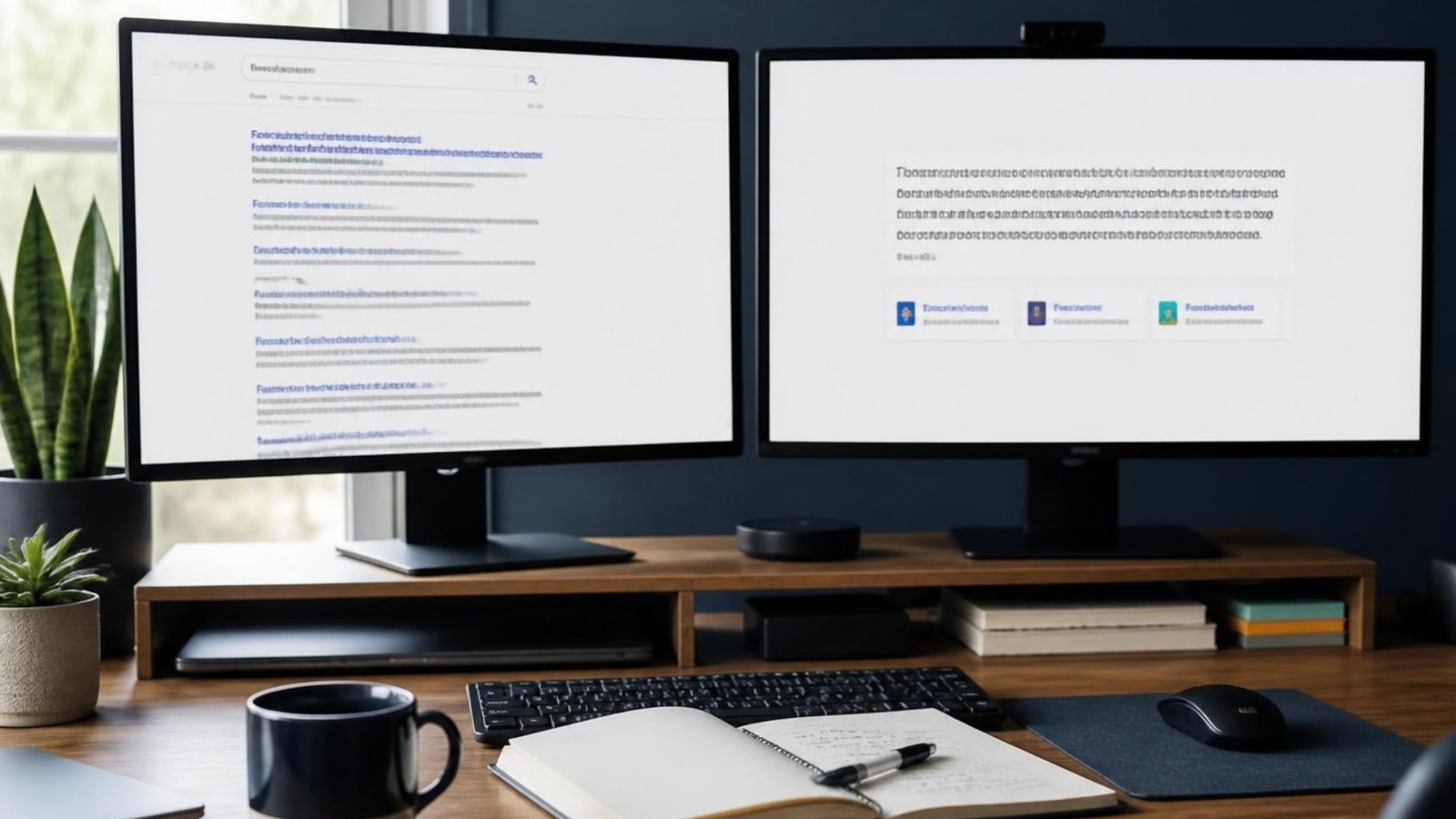 AI search optimization: two monitors comparing a list of search links with a single AI-generated answer