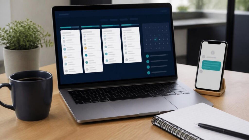 Ambition OS: laptop showing a lead pipeline beside a phone with an automatic text reply to a missed call