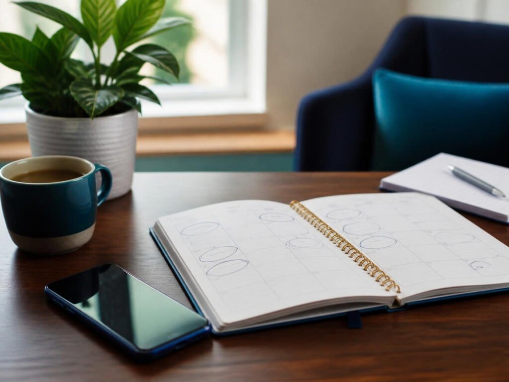 Free strategy call: desk with a notebook, a blue coffee mug and a phone ready for a marketing consultation