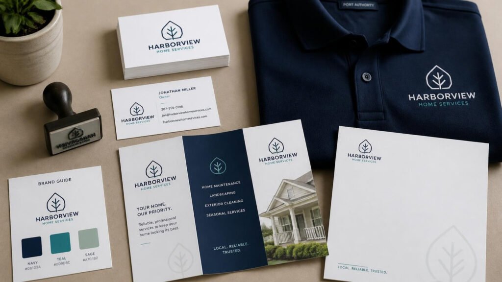Branding and logo design: matching brand kit with the same logo on business cards, letterhead, a brochure and a polo