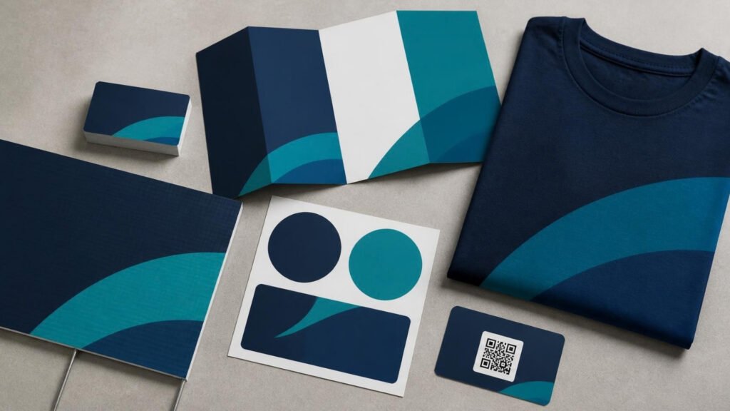 Print design: business cards, a brochure, a shirt and a QR code card in navy and teal brand colors