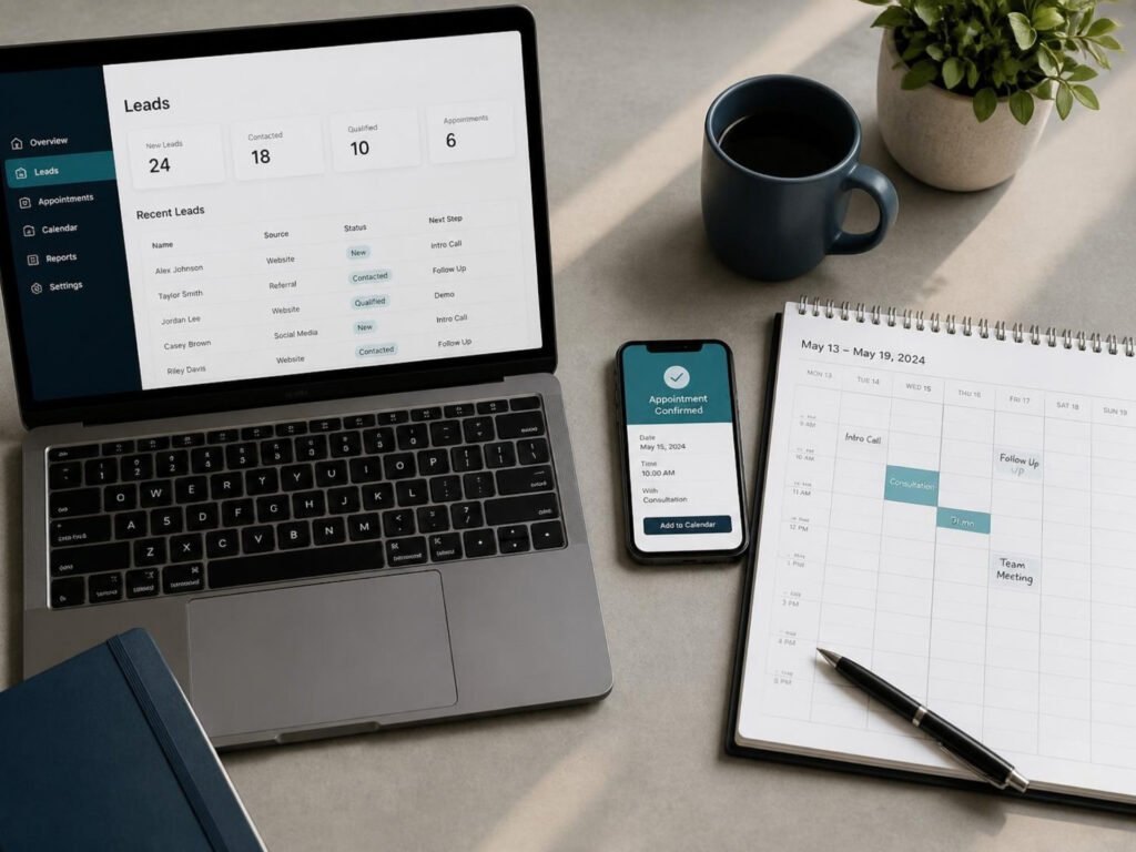 Marketing automation: laptop showing a lead dashboard, a phone with a confirmed appointment and a printed calendar