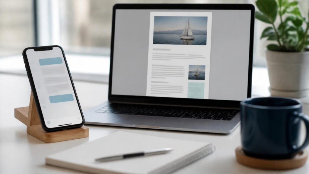 Email and SMS marketing: phone showing a text message campaign next to a laptop with an email newsletter