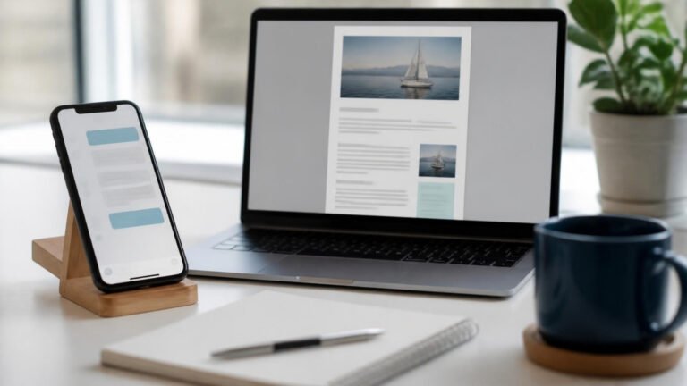 Email and SMS marketing: phone showing a text message campaign next to a laptop with an email newsletter