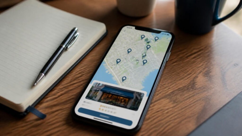 Local SEO: smartphone showing a local map with business location pins beside a notebook