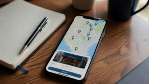 Local SEO: smartphone showing a local map with business location pins beside a notebook