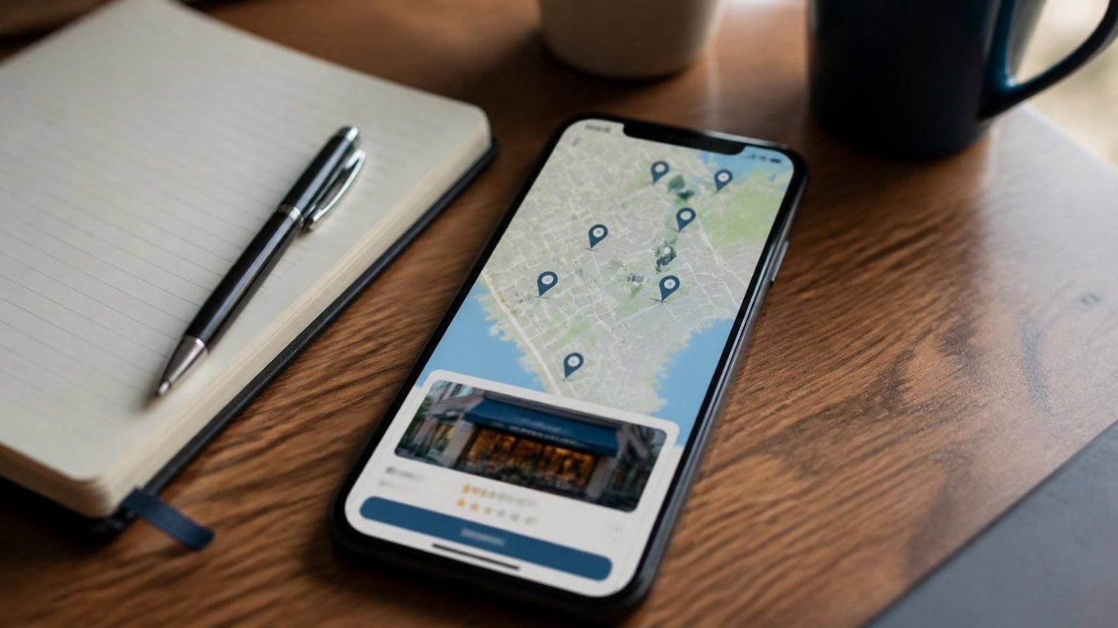 Local SEO: smartphone showing a local map with business location pins beside a notebook