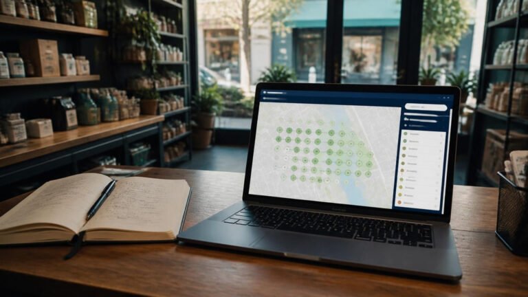 Local SEO ranking report: laptop on a shop counter showing a ranking grid over a neighborhood map