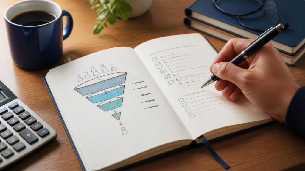 Marketing strategy: open notebook with a hand-drawn marketing funnel and plan beside a calculator