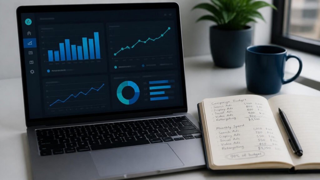 Paid ads campaign performance dashboard - Ambition Business Solutions - Ambition Business Solutions Paid ads management: laptop showing an ad campaign performance dashboard beside a notebook of budget figures