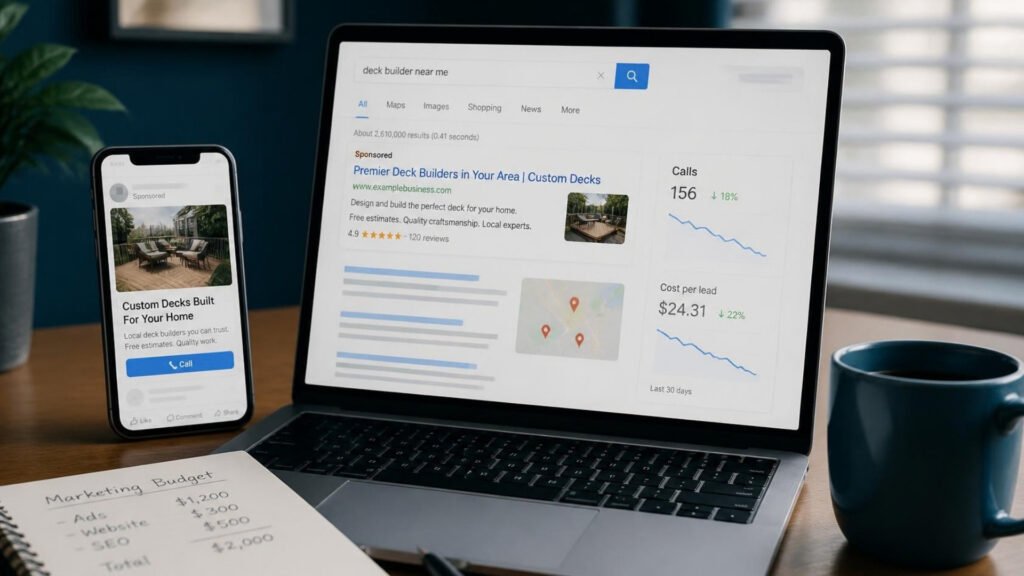 Paid ads: laptop showing a sponsored search ad for a local business with cost per lead, and the same ad in a social feed