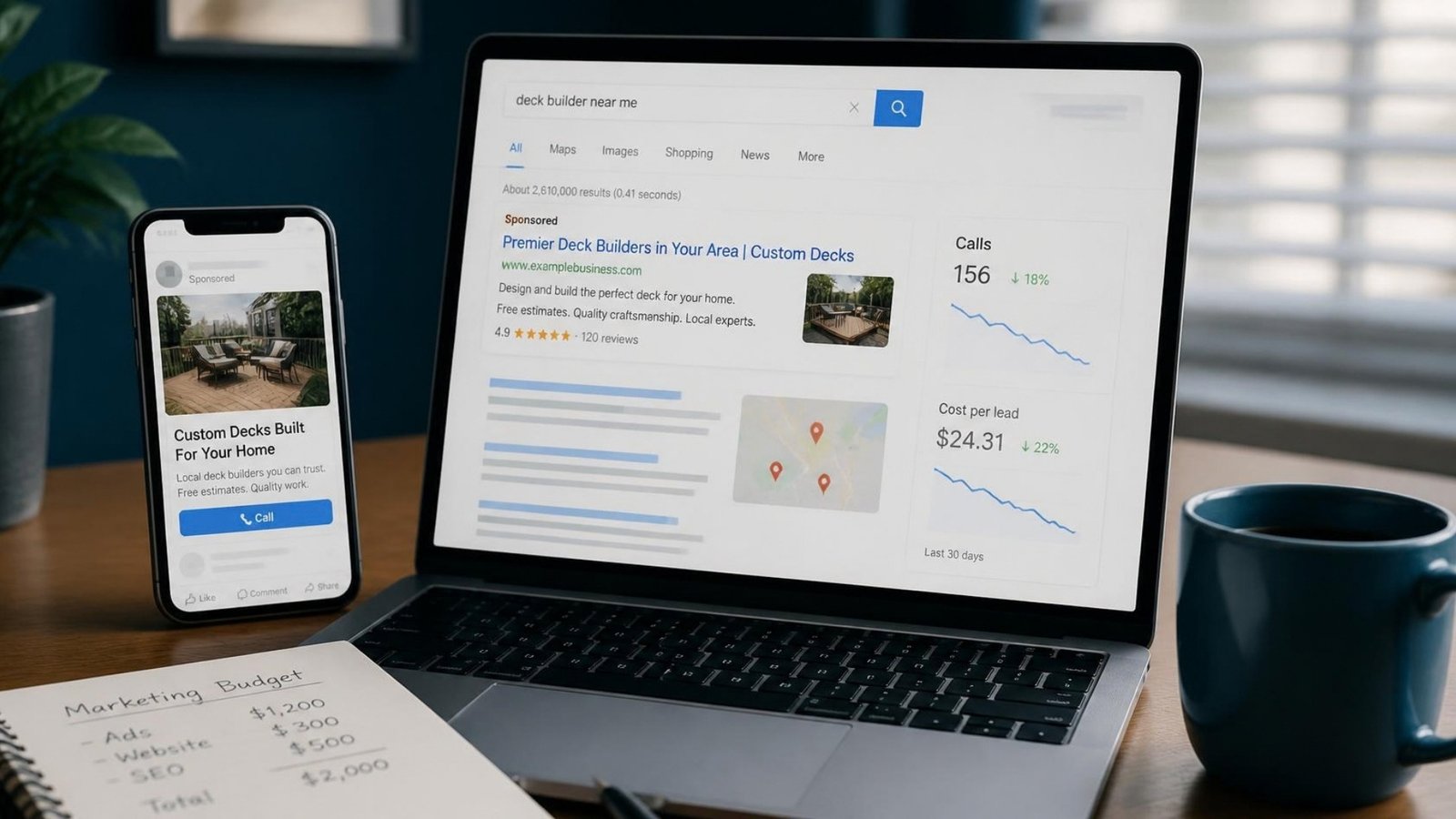 Paid ads: laptop showing a sponsored search ad for a local business with cost per lead, and the same ad in a social feed