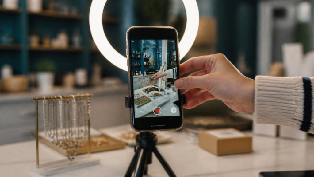 Social media content creation: smartphone on a tripod with a ring light filming a small business display