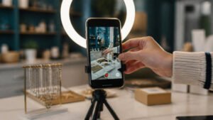 Social media content creation: smartphone on a tripod with a ring light filming a small business display