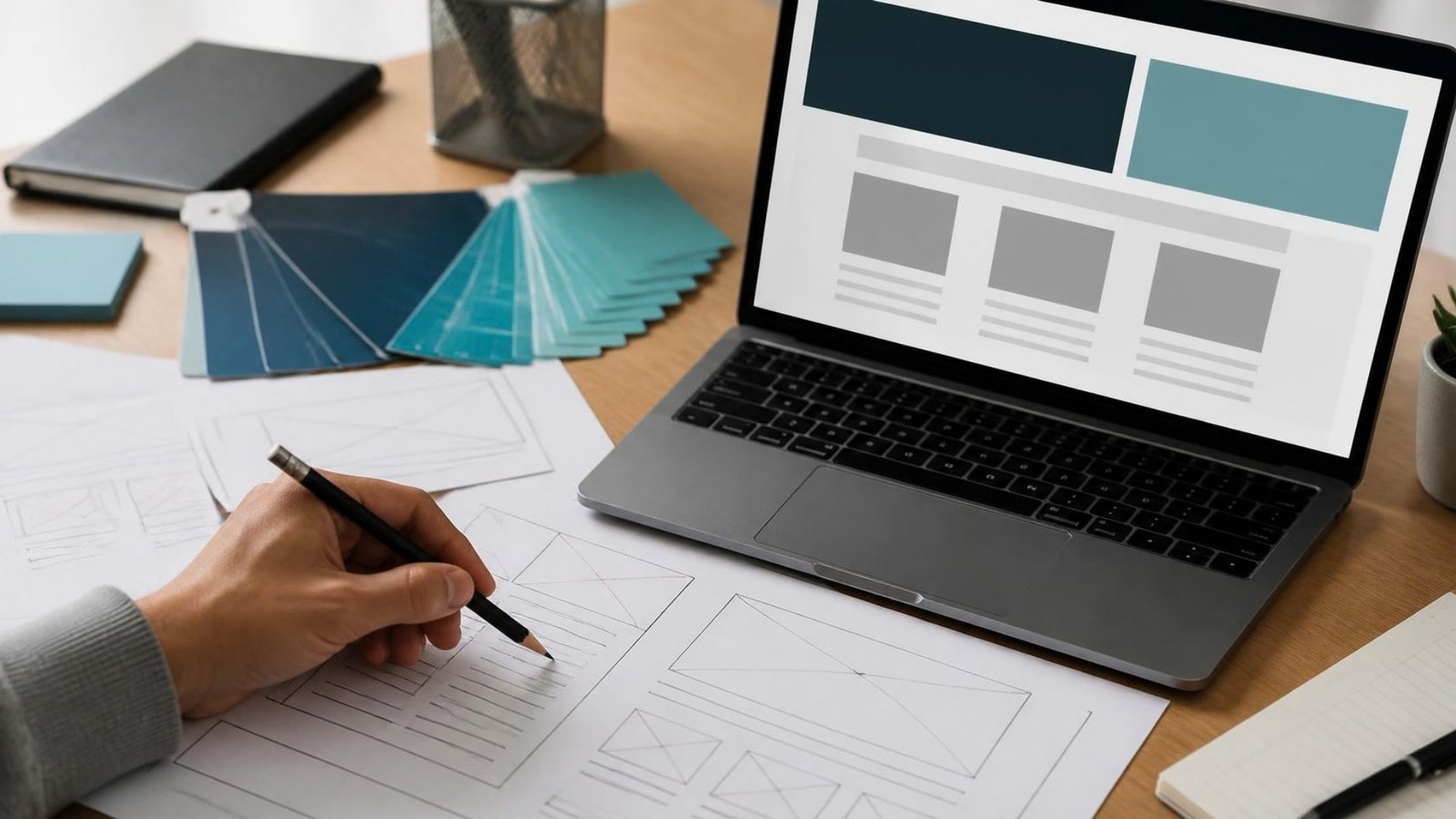 Website design planning: webpage wireframe sketches and color swatches beside a laptop showing a page layout