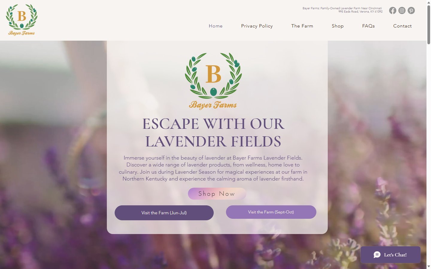 Bayer Farms lavender farm and shop Wix website in Verona, KY, designed by Ambition Business Solutions