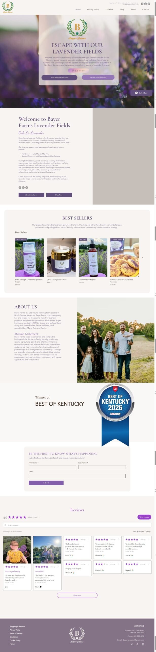 Full page of the Bayer Farms lavender farm and shop Wix website, designed and built by Ambition Business Solutions