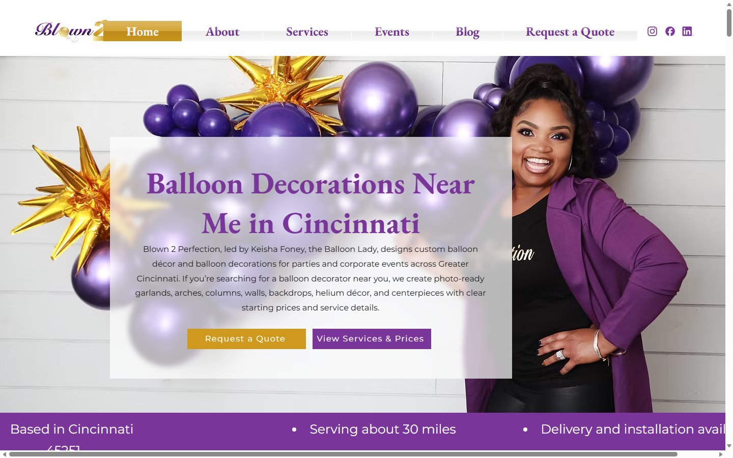 Blown 2 Perfection balloon décor and events Wix website in Cincinnati, OH, designed by Ambition Business Solutions