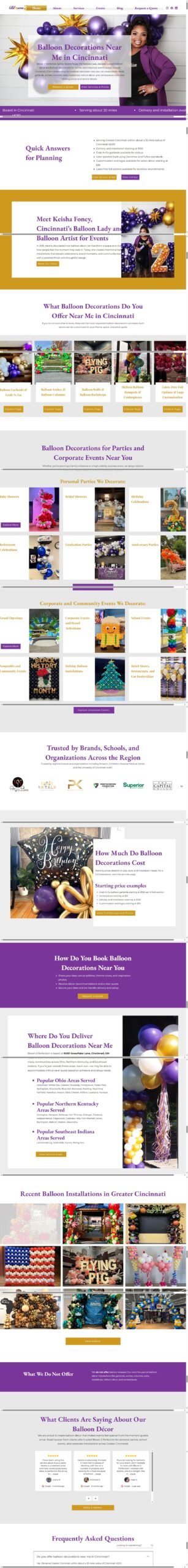 Full page of the Blown 2 Perfection balloon décor and events Wix website, designed and built by Ambition Business Solutions