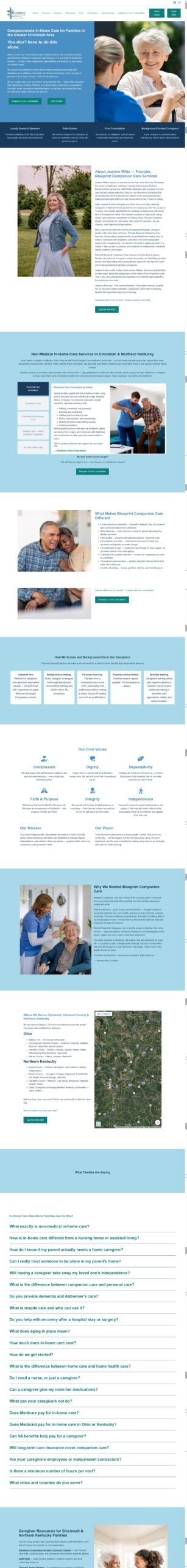 Full page of the Blueprint Companion Care in-home companion care website, designed and built by Ambition Business Solutions