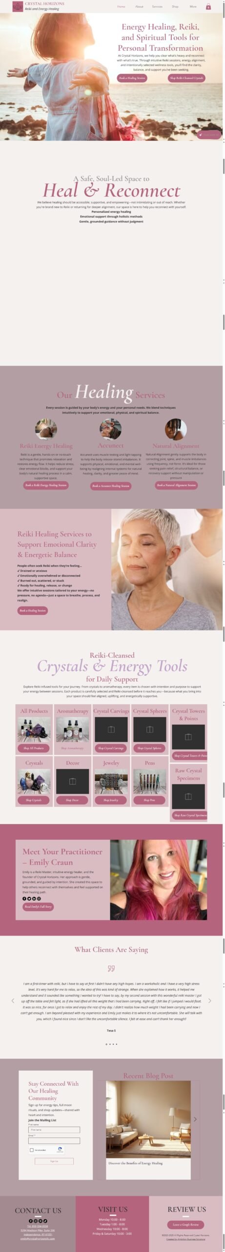 Full page of the Crystal Horizons reiki and energy healing Wix website, designed and built by Ambition Business Solutions