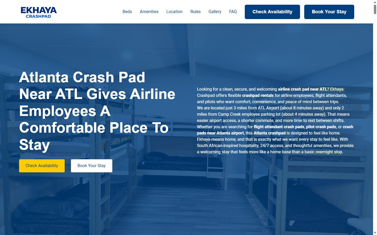 Ekhaya Crashpad crew housing for airline crews website in Atlanta, GA, designed by Ambition Business Solutions