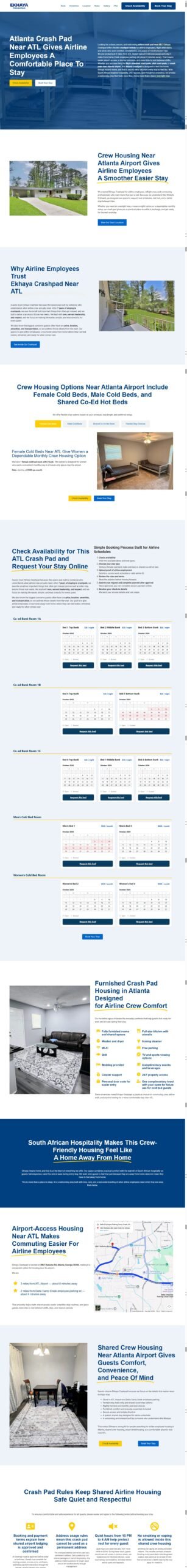 Full page of the Ekhaya Crashpad crew housing for airline crews website, designed and built by Ambition Business Solutions