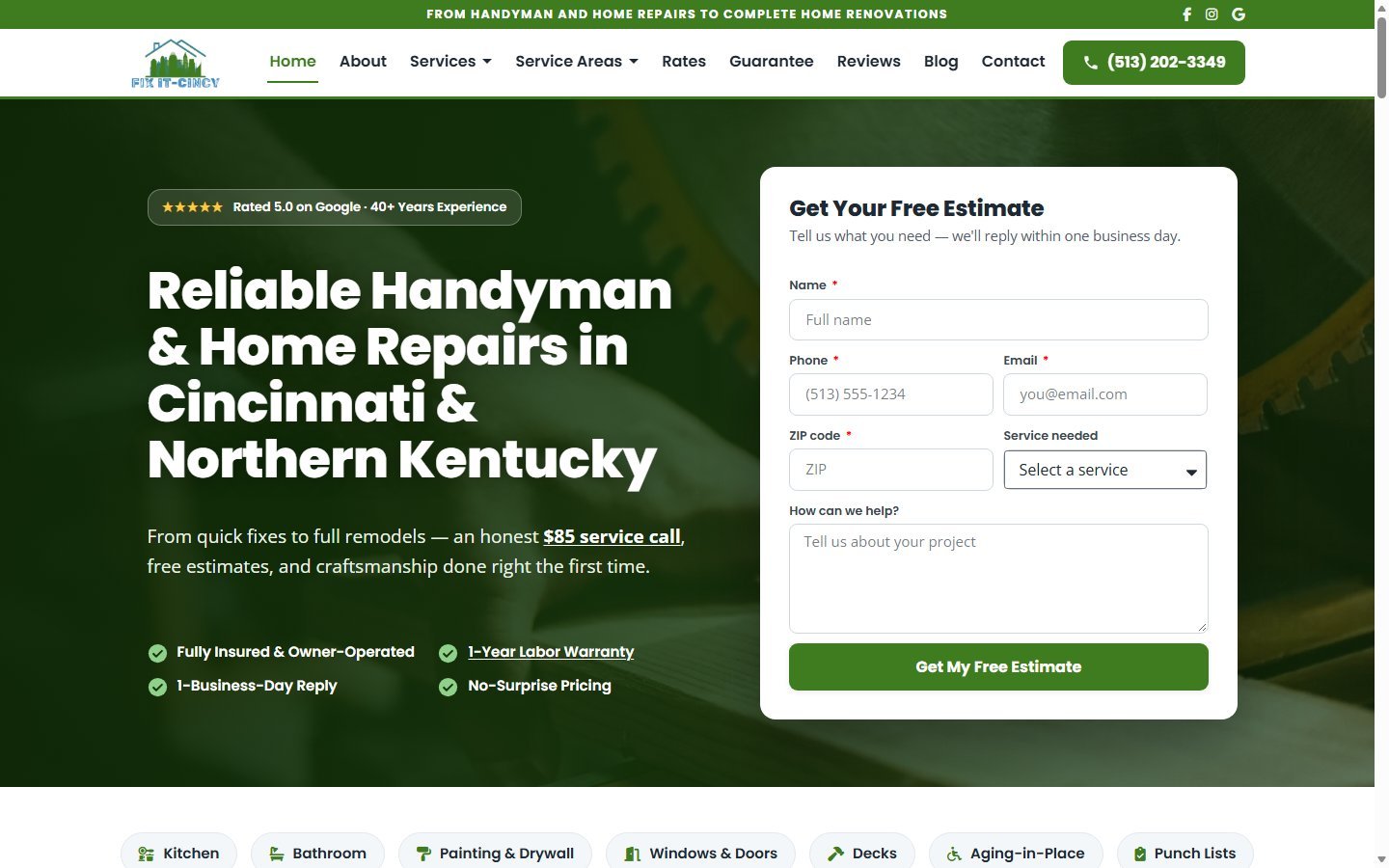 Fix It Cincy handyman and remodeling website in Newport, KY, designed by Ambition Business Solutions
