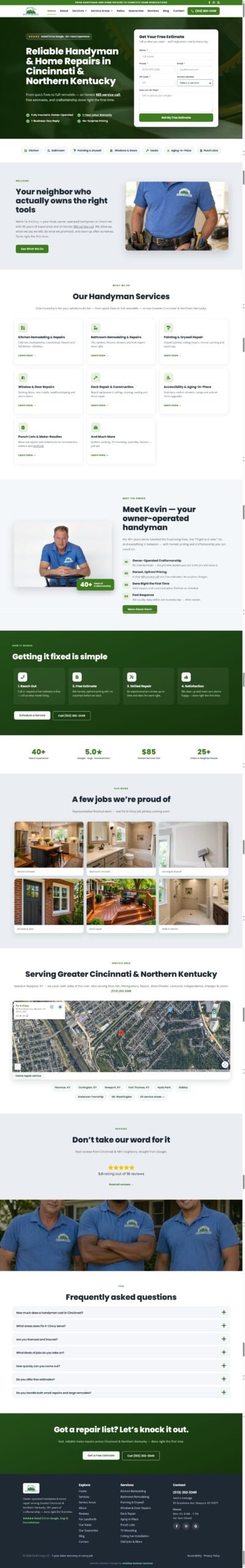 Full page of the Fix It Cincy handyman and remodeling website, designed and built by Ambition Business Solutions