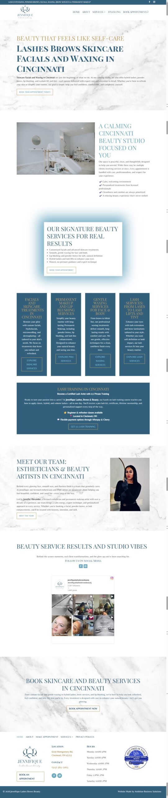 Full page of the Jennifique Beauty beauty services website, designed and built by Ambition Business Solutions