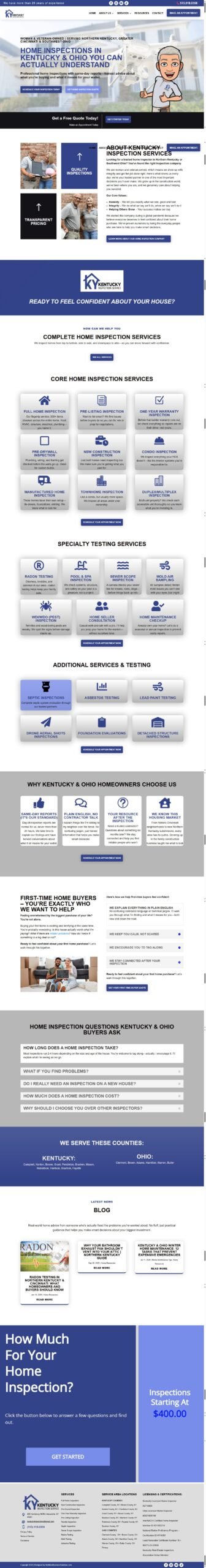 Full page of the Kentucky Inspection Services home inspection website, designed and built by Ambition Business Solutions
