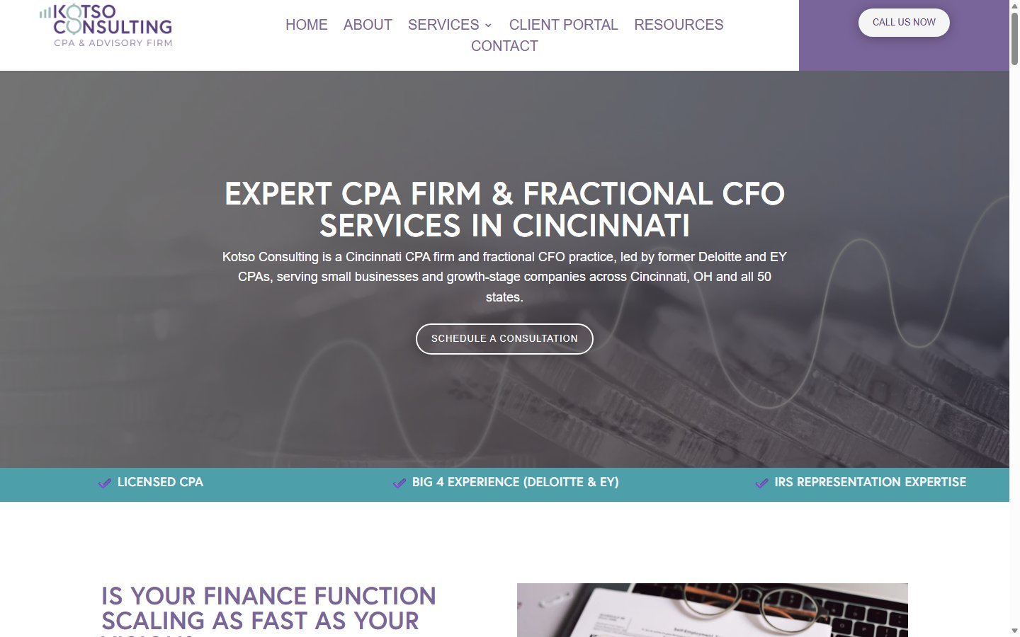 Kotso Consulting CPA firm and fractional CFO website in Cincinnati, OH, designed by Ambition Business Solutions