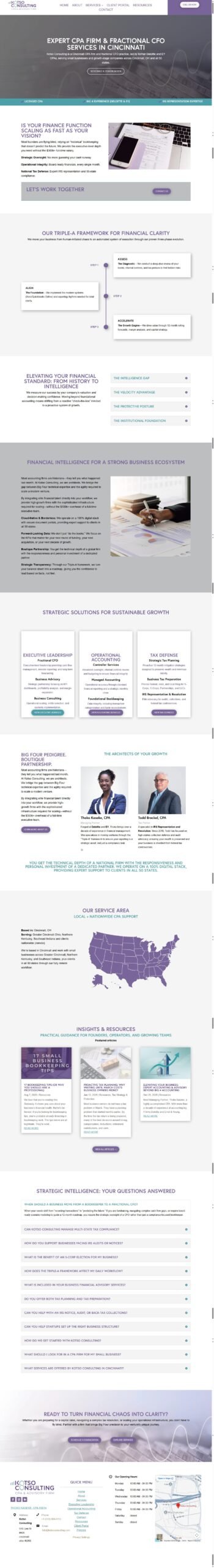 Full page of the Kotso Consulting CPA firm and fractional CFO website, designed and built by Ambition Business Solutions