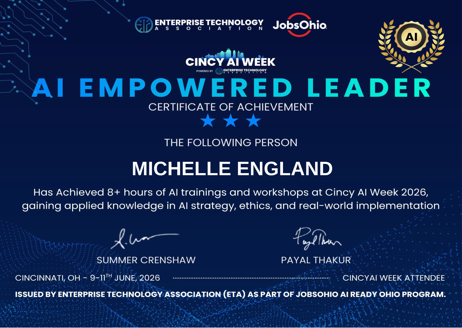 AI Empowered Leader certificate of achievement awarded to Michelle England at Cincy AI Week 2026 in Cincinnati