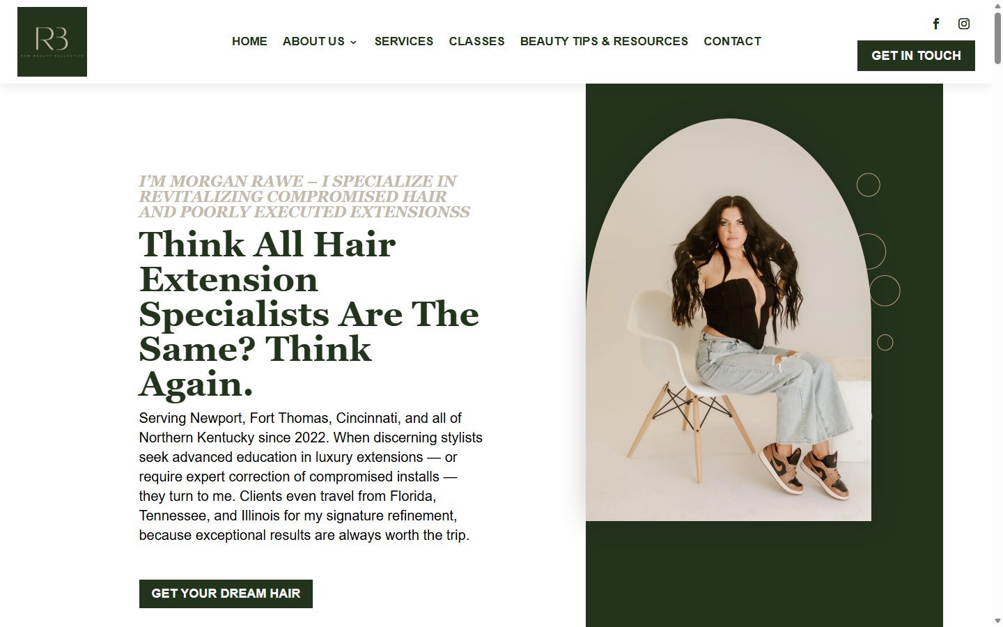 Rawe Beauty hair extensions and education website in Newport, KY, designed by Ambition Business Solutions