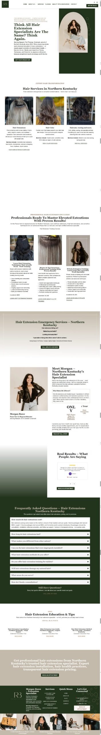 Full page of the Rawe Beauty hair extensions and education website, designed and built by Ambition Business Solutions