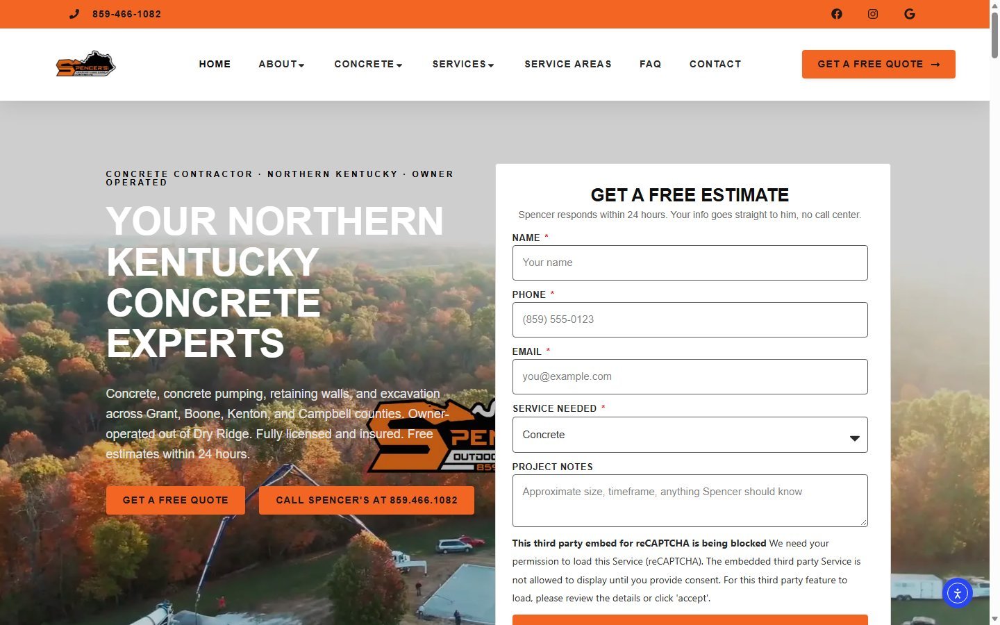 Spencer’s Outdoor Solutions concrete and outdoor contracting website in Northern Kentucky, designed by Ambition Business Solutions