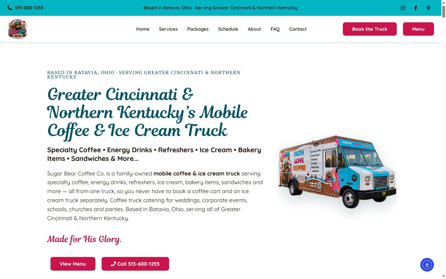 Sugar Bear Coffee Co. mobile coffee and ice cream truck website in Batavia, OH, designed by Ambition Business Solutions