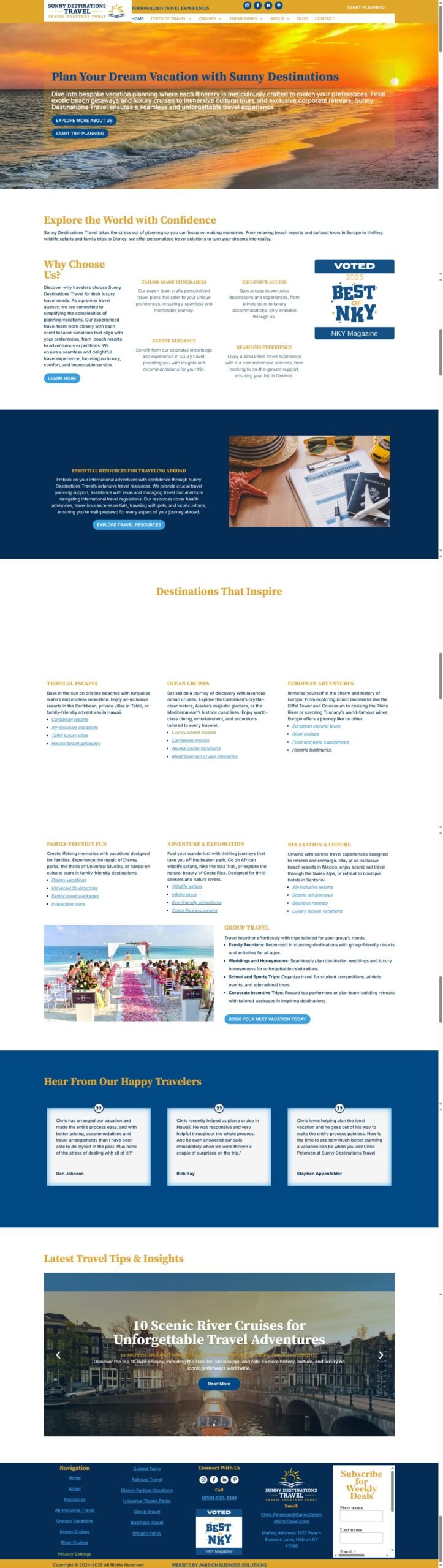 Full page of the Sunny Destinations Travel travel agency website, designed and built by Ambition Business Solutions